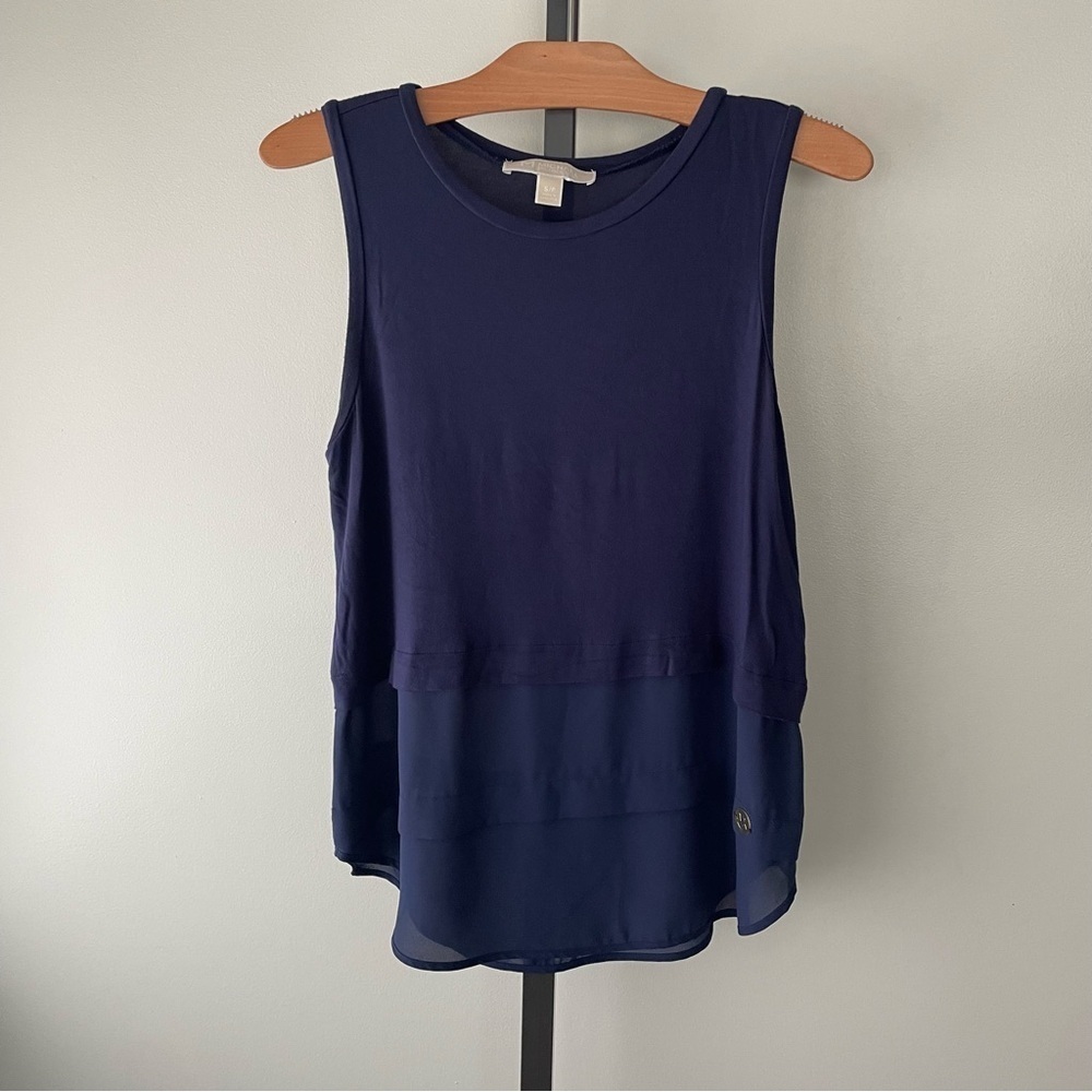 Michael Kors Layered Tiered Soft Tank Sleeveless Long Top Navy Blue Gold Small